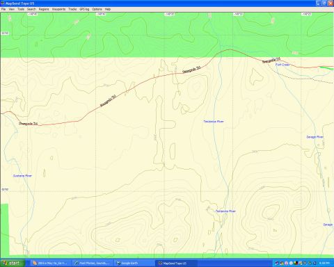 2003 Jeep TJ - Screenshot of MapSend Topo US software displaying a topographic map with roads and rivers.