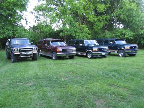 1995 Ford C-350 (Centurion Conversions) - Several Ford SUVs are lined up on a grassy lawn with trees in the background.