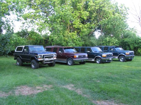 1995 Ford C-350 (Centurion Conversions) - A lineup of Ford Broncos and extended SUVs are parked on a lawn under a canopy of trees.