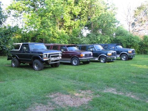 1995 Ford C-350 (Centurion Conversions) - A line of Ford SUVs and trucks are parked on a grassy lawn under trees.