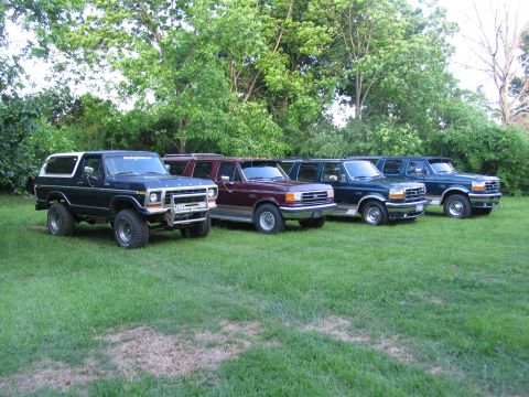 1995 Ford C-350 (Centurion Conversions) - A lineup of Ford SUVs, including a lifted Bronco and several Centurion Conversions, parked on a grassy lawn.