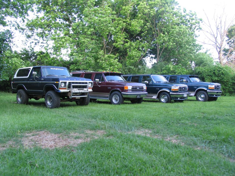 Five Ford trucks and SUVs parked in a grassy area with trees in the background