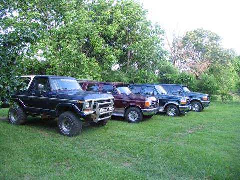 1995 Ford C-350 (Centurion Conversions) - A line of Ford vehicles, including an older Bronco and several SUVs, are parked on a grassy lawn under leafy trees.