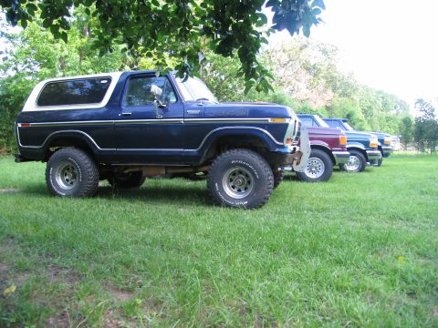 1995 Ford C-350 (Centurion Conversions) - A line of Ford Broncos and trucks are parked on a grassy lawn under a leafy tree.