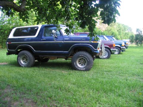 1995 Ford C-350 (Centurion Conversions) - Several trucks, including a dark blue Ford Bronco, are parked in a grassy area under trees.
