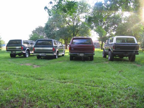 1995 Ford C-350 (Centurion Conversions) - Four Ford Broncos are parked on a lawn, showing their rear ends under a leafy tree canopy.