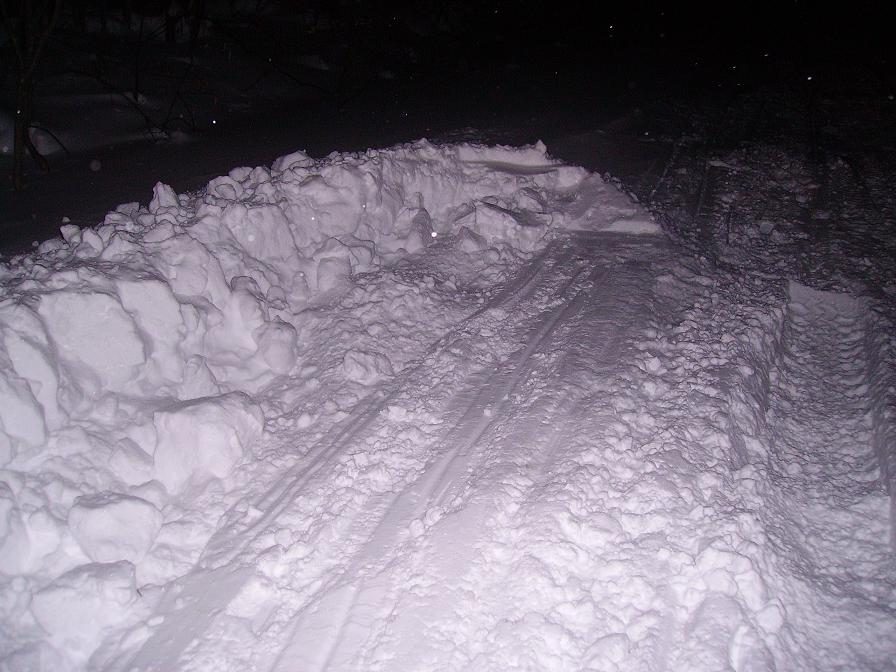 Tire tracks in deep snow, with a pile of snow on the left and dark trees in the background