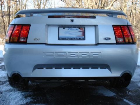 1998 Ford Taurus - Rear view of a silver Ford Mustang Cobra, identified by its SVT badging and "COBRA" lettering on the trunk.