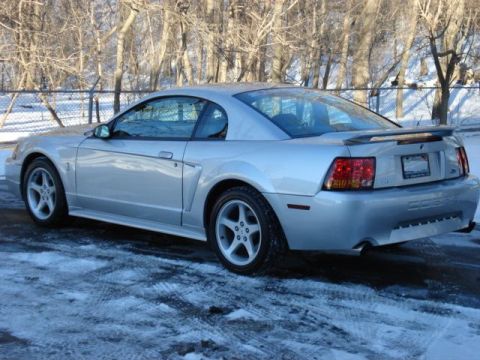 1998 Ford Taurus - Silver 1999 Ford Mustang Cobra coupe with a rear spoiler parked in the snow.