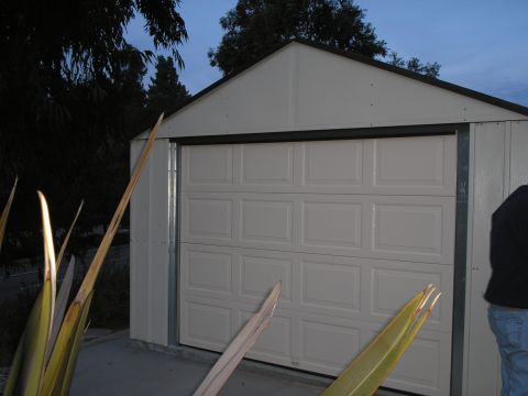 1990 Ford Bronco - A white garage door is visible on the side of a shed, with foliage in the foreground.
