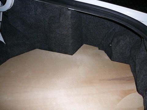 1997 Mercury Grand Marquis - Subwoofer enclosure Cover Panel. Finished rough cutout. Passenger Side Closeup.