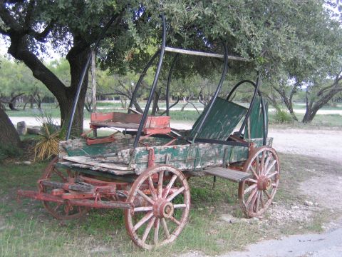 1996 Ford Bronco - An old, dilapidated horse-drawn wagon sits under a tree, its wooden components showing significant wear and tear.