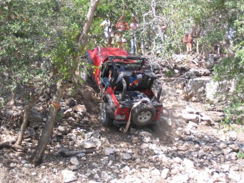 1996 Ford Bronco - A red Jeep Wrangler is seen off-roading on a steep, rocky incline with several people observing.