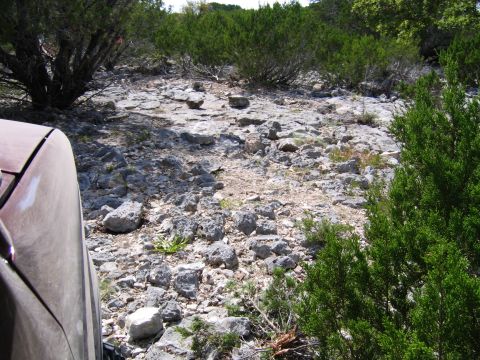 1996 Ford Bronco - A vehicle's hood is visible in the foreground of a rocky, outdoor scene.