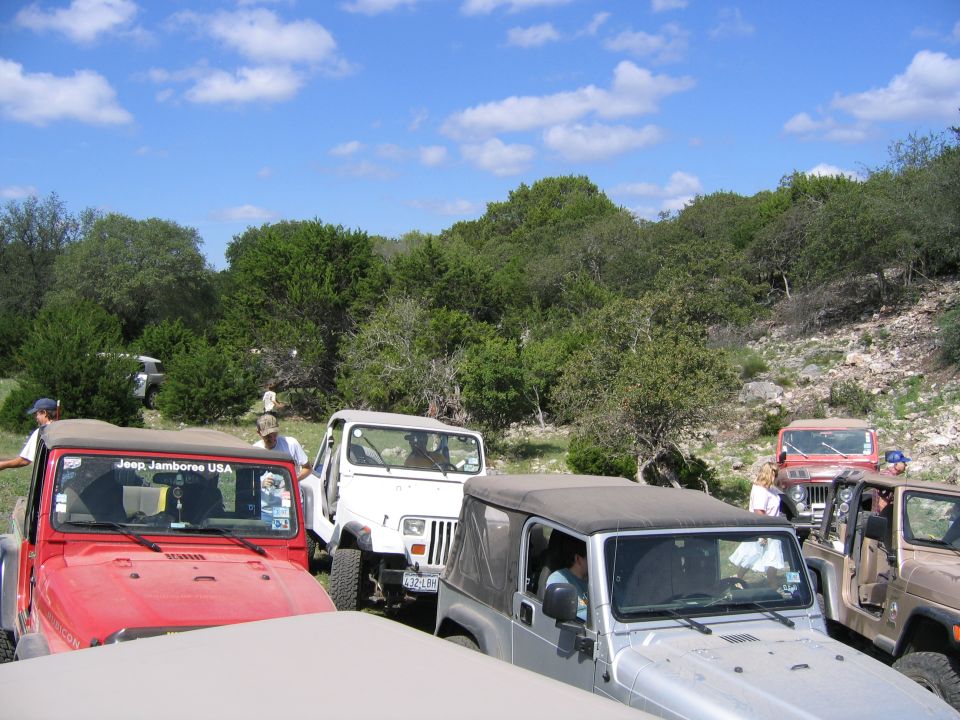 Several Jeeps parked in a wooded area with a blue sky