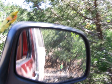 1996 Ford Bronco - Reflection in a side mirror shows a red vehicle and a blurred outdoor scene with trees and a person.