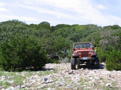 1996 Ford Bronco - Orange Jeep Wrangler driving off-road on a rocky path surrounded by dense green foliage.