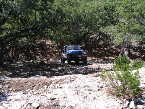 1996 Ford Bronco - Jeep Wrangler navigating a rough, off-road path through a wooded area.