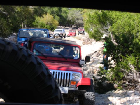 1996 Ford Bronco - A line of off-road vehicles navigates a rough trail surrounded by dense vegetation.