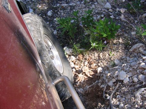 1996 Ford Bronco - Side view of a red SUV with an off-road tire and metal step, parked on rocky terrain.