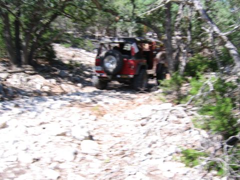 1996 Ford Bronco - A red Jeep Wrangler navigates a rough, off-road path through a wooded area.