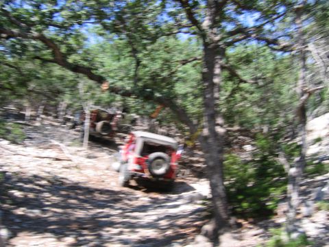 1996 Ford Bronco - Two red off-road vehicles navigate a challenging, rocky trail through a dense forest.