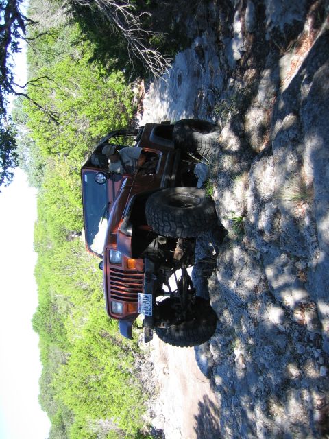 1996 Ford Bronco - This orange Jeep Wrangler navigates a challenging rocky path surrounded by lush green foliage.