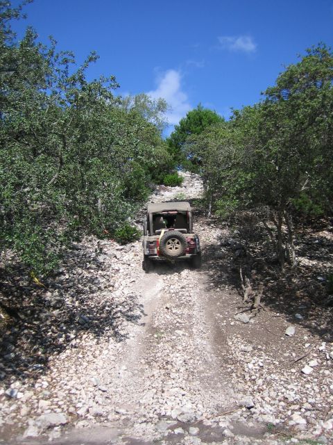 1996 Ford Bronco - A Jeep Wrangler navigates a challenging, rocky incline on a wooded trail.