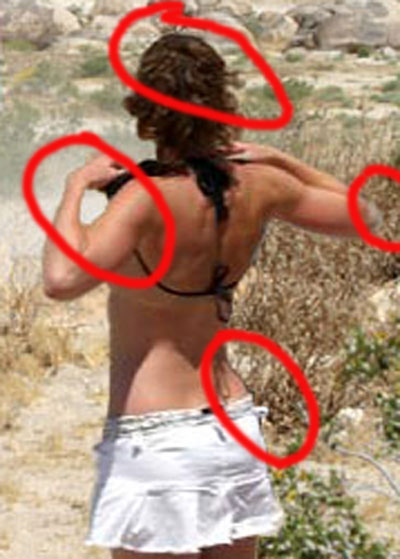 1968 Ford Mustang - Woman in a bikini top and skirt with red circles drawn on the image.