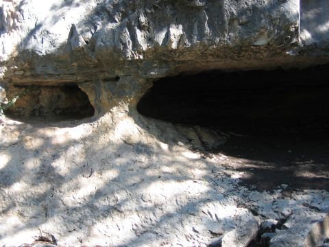 1996 Ford Bronco - Natural rock formation with cave entrances, casting shadows from overhead foliage.