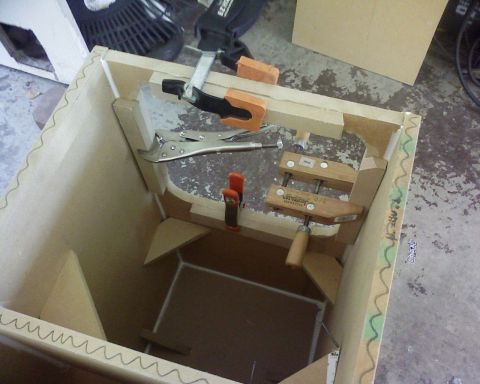 1995 Ford Bronco - Woodworking project in progress, showing a box being assembled with clamps.