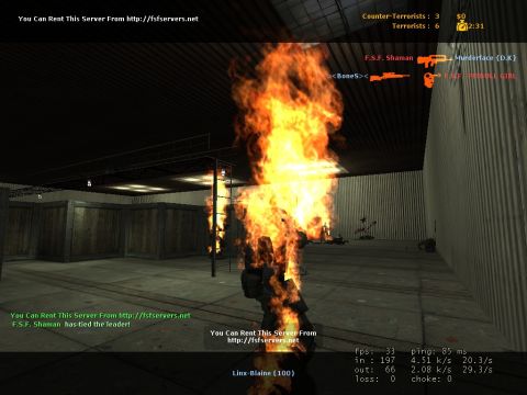 1993 Ford Bronco - A figure is engulfed in flames within a warehouse environment, overlaid with game interface text and statistics.