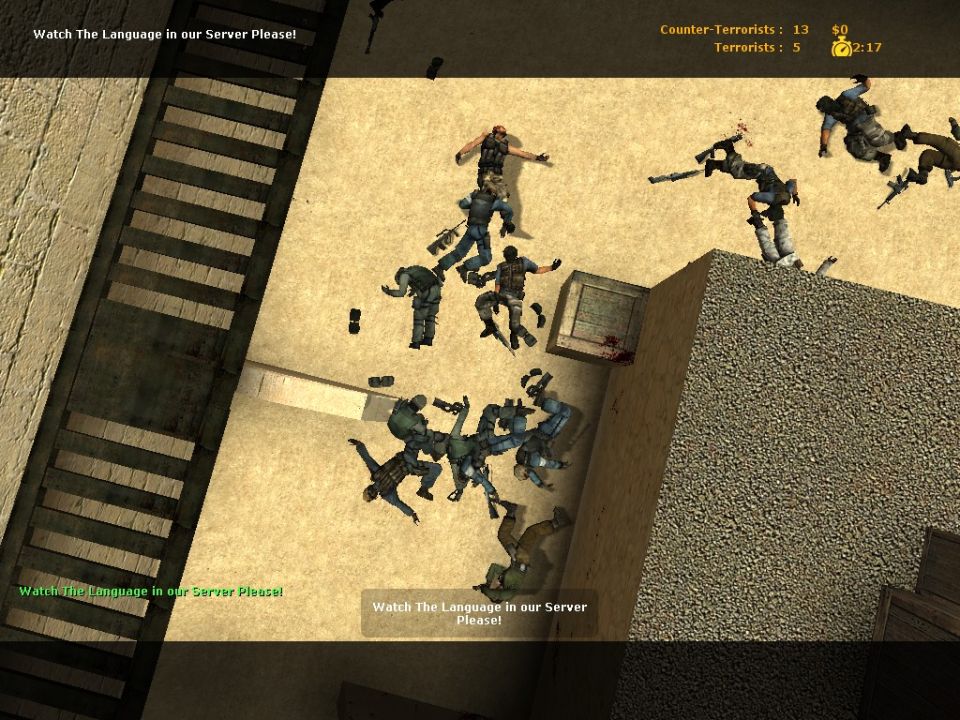 Video game scene with multiple characters on the ground and standing, some holding weapons