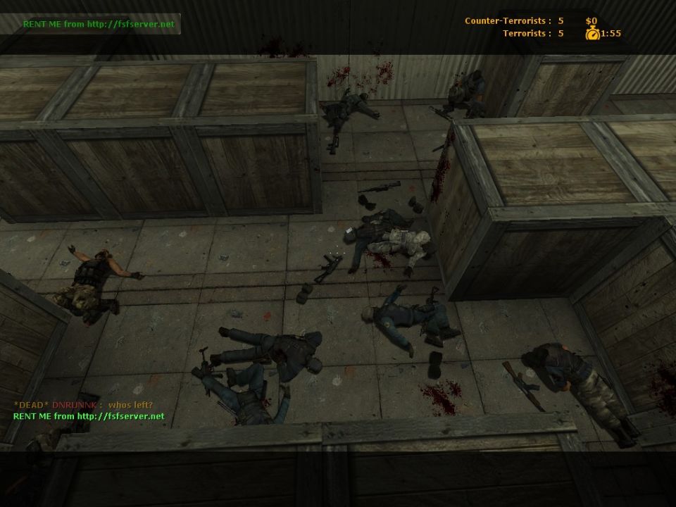 overhead view of a room with many dead bodies and wooden crates