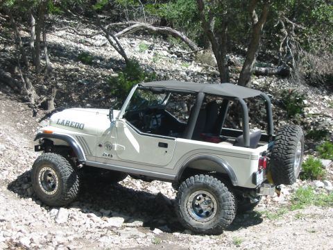 1996 Ford Bronco - A white Jeep CJ-7 Laredo navigates a rocky, off-road trail under a canopy of trees.