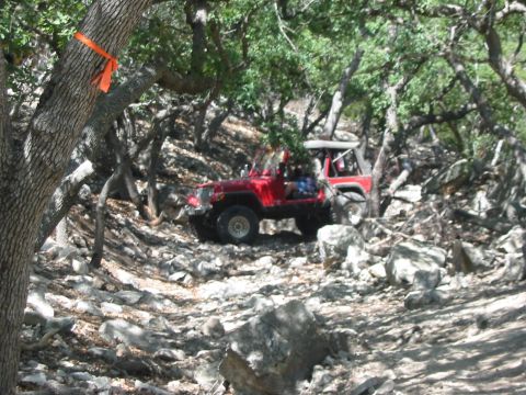 1996 Ford Bronco - A red Jeep Wrangler navigates a challenging off-road path surrounded by trees and rocks.