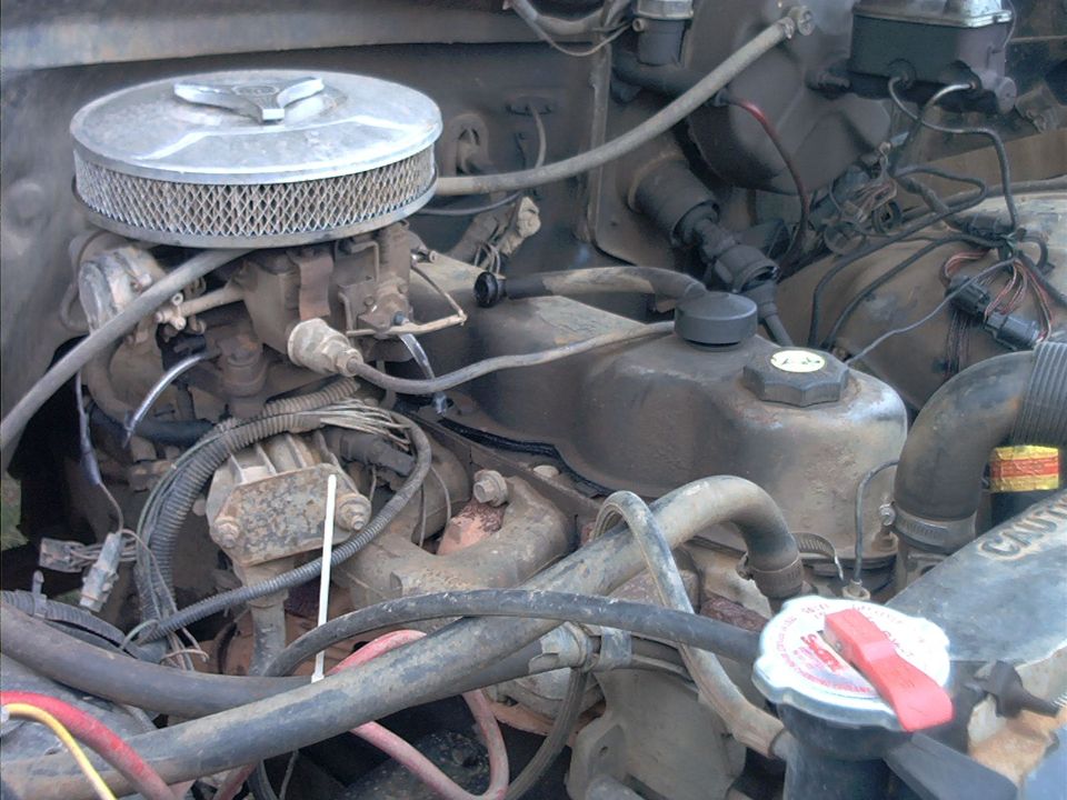 Engine bay showing carburetor, air filter, hoses, and engine components