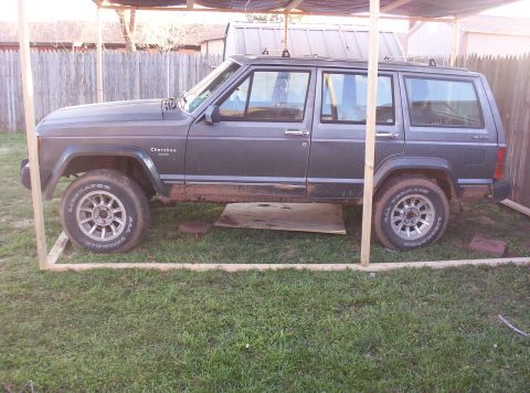 1987 Jeep Cherokee - Side view of a gray 1987 Jeep Cherokee with muddy tires, parked outdoors.