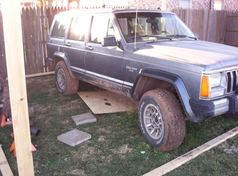1987 Jeep Cherokee - A dark gray Jeep Cherokee is parked on grass, partially supported by wooden planks.
