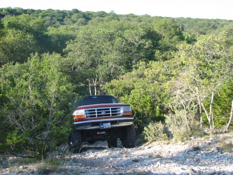 1996 Ford Bronco - 1996 Ford Bronco navigating a rough, wooded trail.