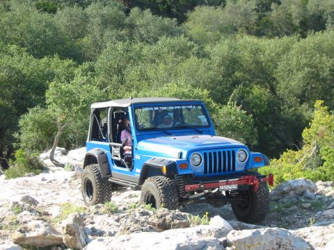 1996 Ford Bronco - A blue Jeep Wrangler TJ navigates a rocky trail surrounded by lush green foliage.