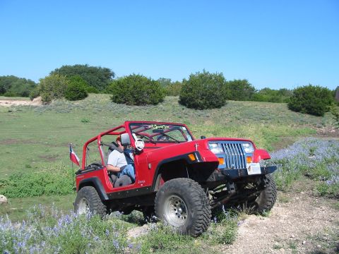 1996 Ford Bronco - A red Jeep Wrangler navigates a grassy, flower-filled trail under a clear blue sky.