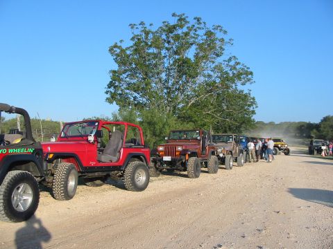 1996 Ford Bronco - A group of Jeep Wranglers are lined up on a dusty dirt road under a clear blue sky.
