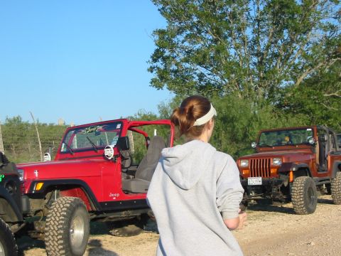 1996 Ford Bronco - Two Jeep Wranglers are parked on a dirt road under a clear blue sky with trees in the background.