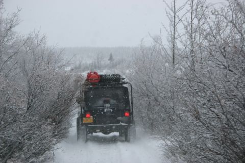 2003 Jeep TJ - A black Jeep TJ drives down a snow-covered trail, its rear lights visible through the falling snow.