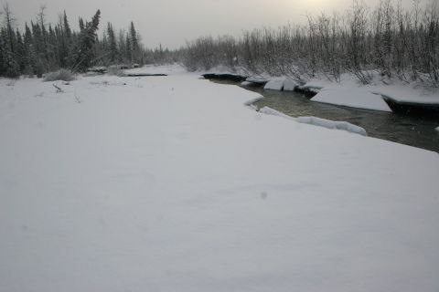 2003 Jeep TJ - A winter scene shows a river with ice floes surrounded by snow-covered ground and trees.