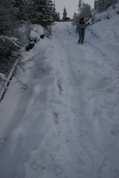 2003 Jeep TJ - A person walks up a snow-covered mountain trail, with trees and snow-covered slopes visible.