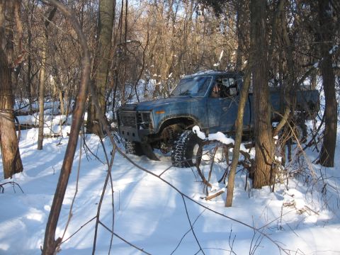 1979 Ford Bronco - A blue pickup truck navigates a snowy forest trail.
