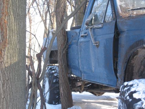 1979 Ford Bronco - A blue pickup truck is partially obscured by trees and snow, with its door open.