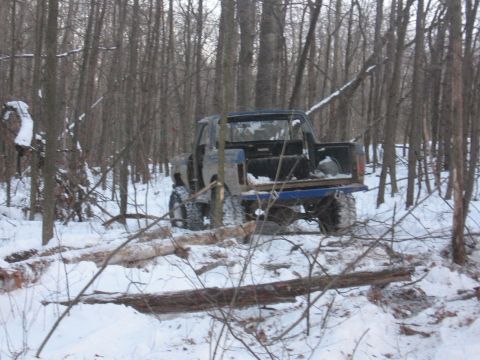1979 Ford Bronco - A blue pickup truck is stuck in a snowy forest, surrounded by trees and fallen logs.